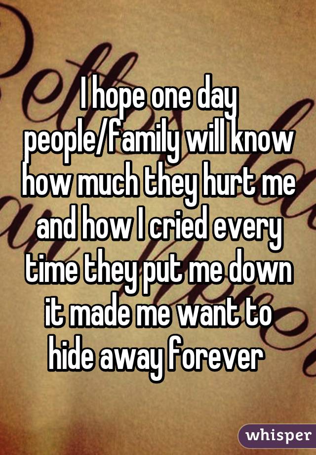 I hope one day people/family will know how much they hurt me and how I cried every time they put me down it made me want to hide away forever 