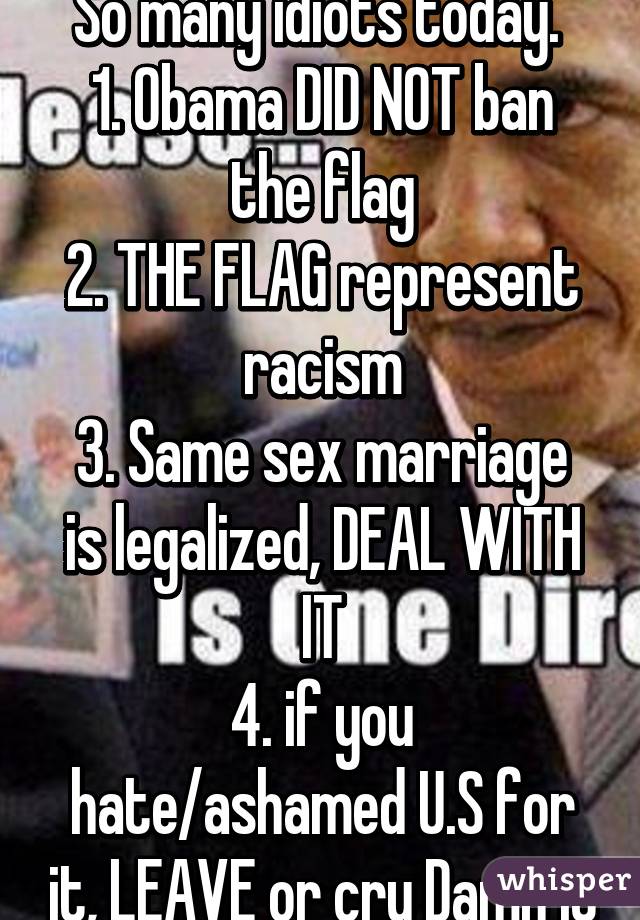 So many idiots today. 
1. Obama DID NOT ban the flag
2. THE FLAG represent racism
3. Same sex marriage is legalized, DEAL WITH IT
4. if you hate/ashamed U.S for it, LEAVE or cry Damn it