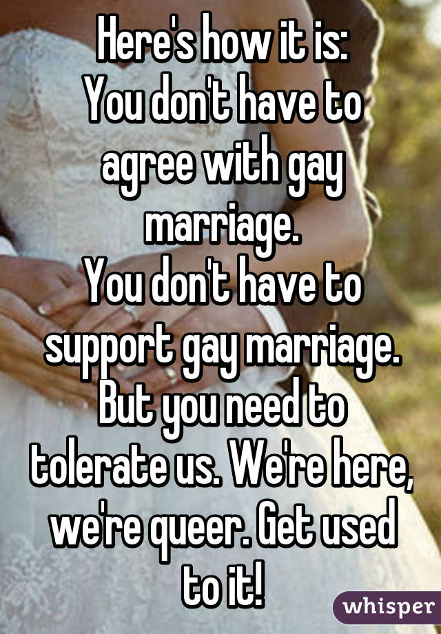 Here's how it is:
You don't have to agree with gay marriage.
You don't have to support gay marriage.
But you need to tolerate us. We're here, we're queer. Get used to it!