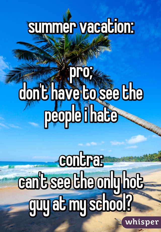 summer vacation:

pro;
don't have to see the people i hate

contra:
can't see the only hot guy at my school😭