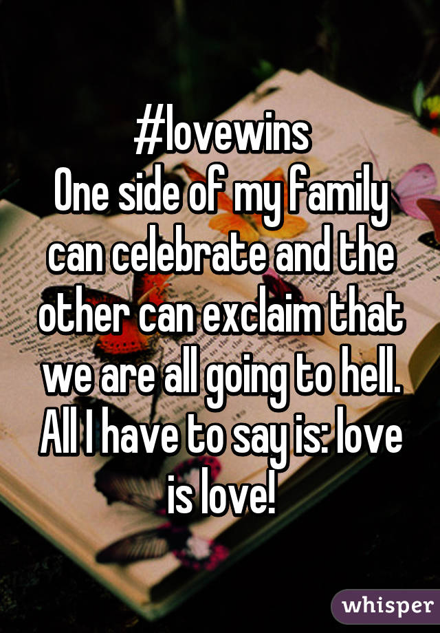 #lovewins
One side of my family can celebrate and the other can exclaim that we are all going to hell.
All I have to say is: love is love!