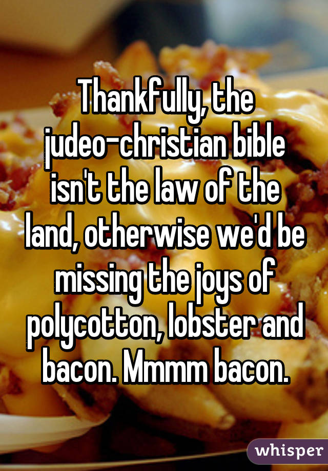 Thankfully, the judeo-christian bible isn't the law of the land, otherwise we'd be missing the joys of polycotton, lobster and bacon. Mmmm bacon.