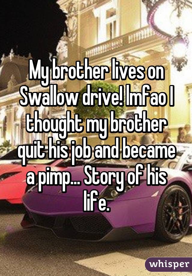 My brother lives on Swallow drive! lmfao I thought my brother quit his job and became a pimp... Story of his life.