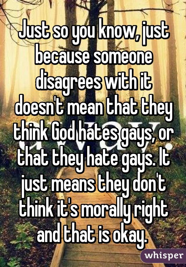 Just so you know, just because someone disagrees with it doesn't mean that they think God hates gays, or that they hate gays. It just means they don't think it's morally right and that is okay. 