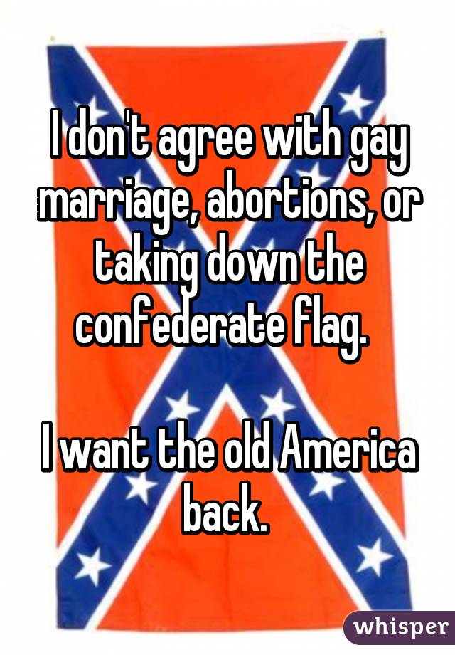 I don't agree with gay marriage, abortions, or taking down the confederate flag.  

I want the old America back. 