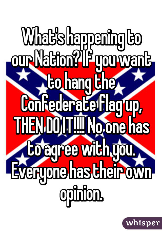 What's happening to our Nation? If you want to hang the Confederate flag up, THEN DO IT!!!! No one has to agree with you. Everyone has their own opinion.