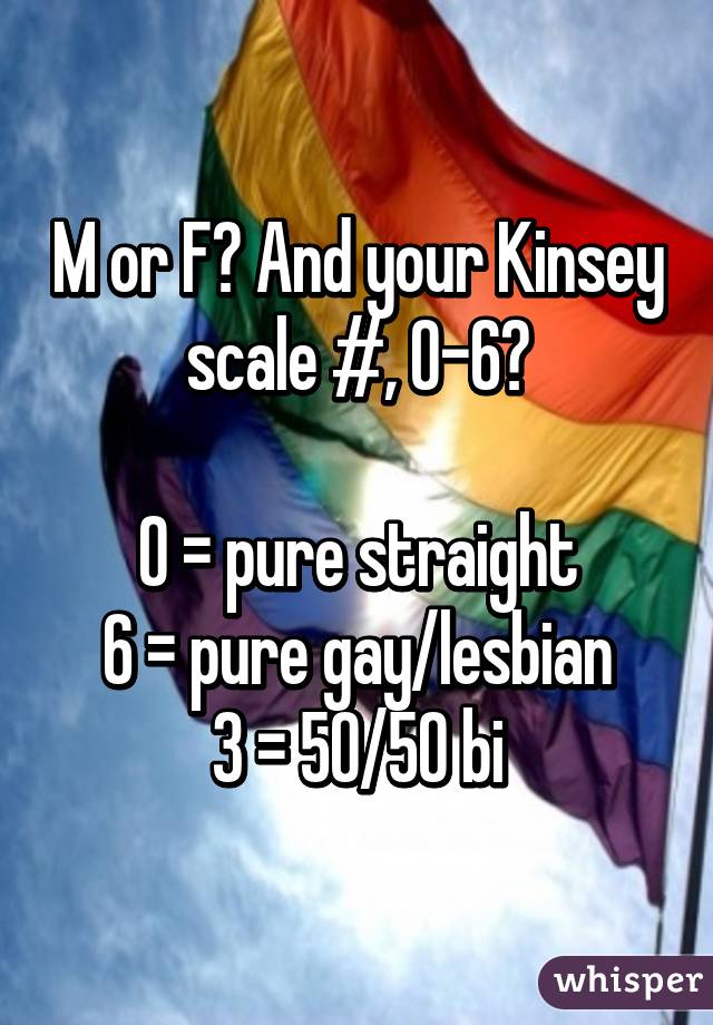 M or F? And your Kinsey scale #, 0-6?

0 = pure straight
6 = pure gay/lesbian
3 = 50/50 bi