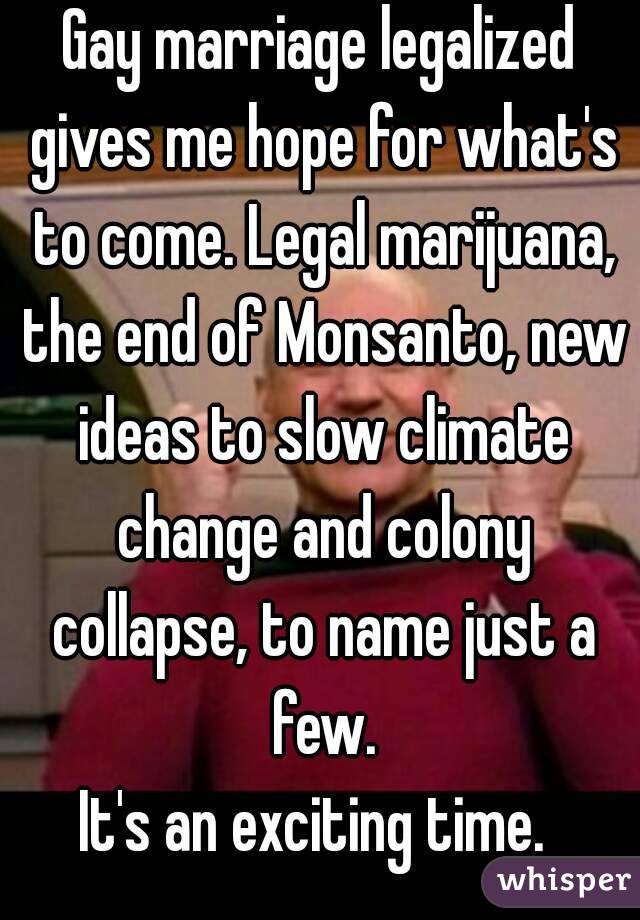 Gay marriage legalized gives me hope for what's to come. Legal marijuana, the end of Monsanto, new ideas to slow climate change and colony collapse, to name just a few.
It's an exciting time. 