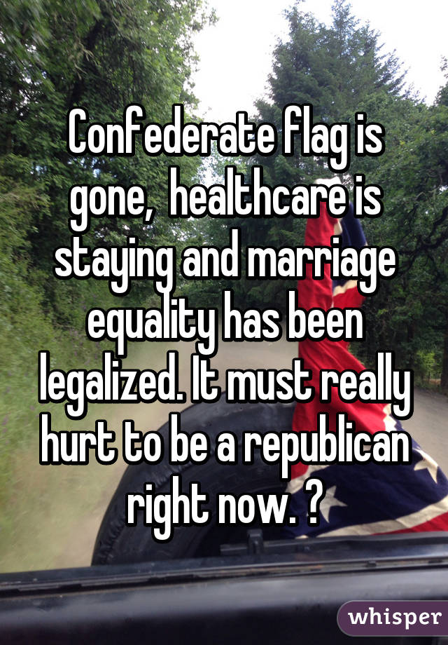 Confederate flag is gone,  healthcare is staying and marriage equality has been legalized. It must really hurt to be a republican right now. 😂