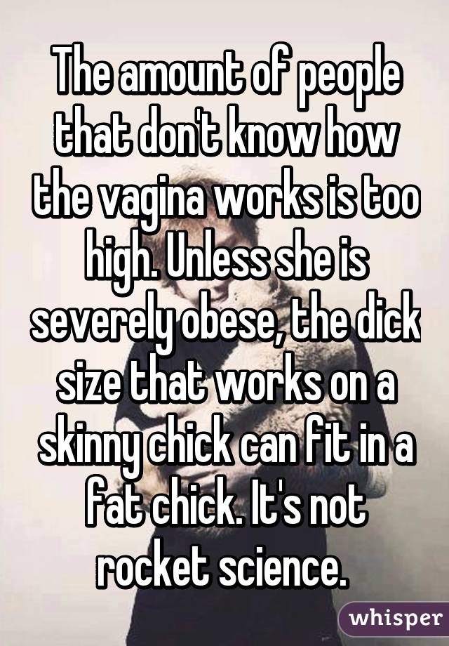 The amount of people that don't know how the vagina works is too high. Unless she is severely obese, the dick size that works on a skinny chick can fit in a fat chick. It's not rocket science. 