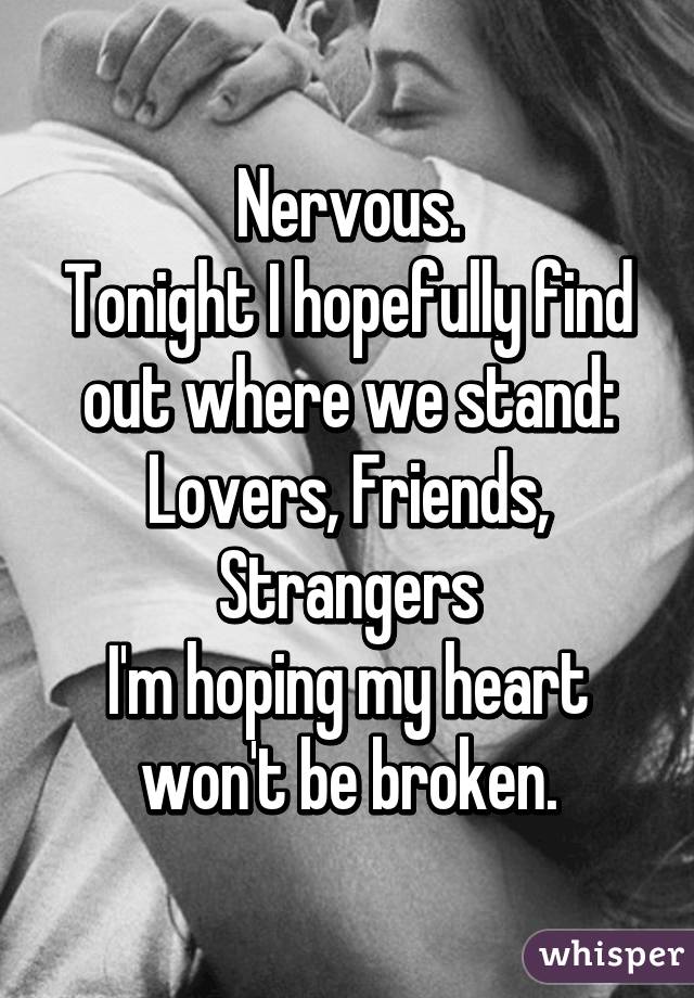 Nervous.
Tonight I hopefully find out where we stand:
Lovers, Friends, Strangers
I'm hoping my heart won't be broken.