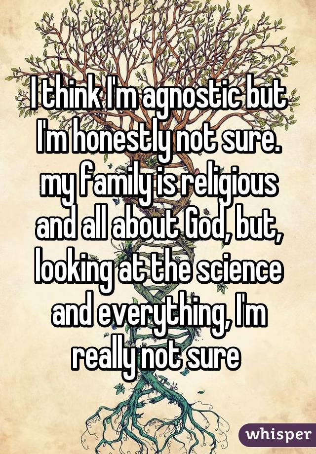 I think I'm agnostic but I'm honestly not sure. my family is religious and all about God, but, looking at the science and everything, I'm really not sure 