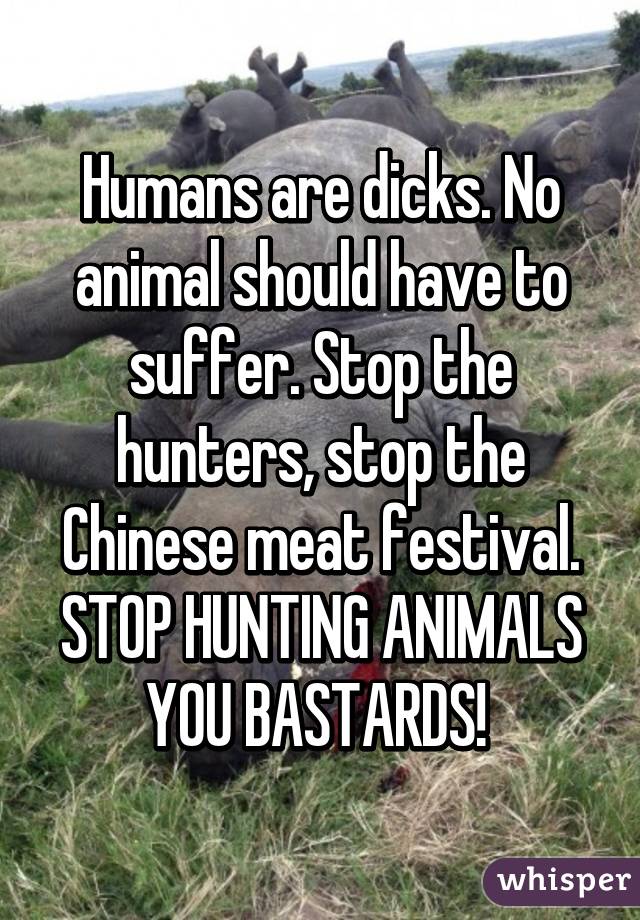 Humans are dicks. No animal should have to suffer. Stop the hunters, stop the Chinese meat festival. STOP HUNTING ANIMALS YOU BASTARDS! 