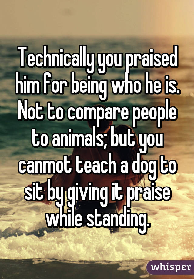 Technically you praised him for being who he is.
Not to compare people to animals; but you canmot teach a dog to sit by giving it praise while standing.