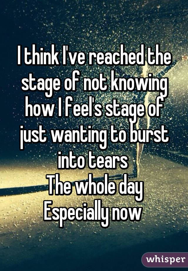 I think I've reached the stage of not knowing how I feel's stage of just wanting to burst into tears 
The whole day
Especially now 