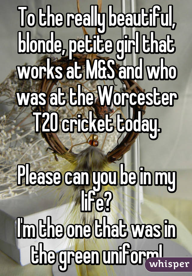 To the really beautiful, blonde, petite girl that works at M&S and who was at the Worcester T20 cricket today.

Please can you be in my life?
I'm the one that was in the green uniform!