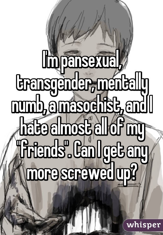 I'm pansexual, transgender, mentally numb, a masochist, and I hate almost all of my "friends". Can I get any more screwed up?