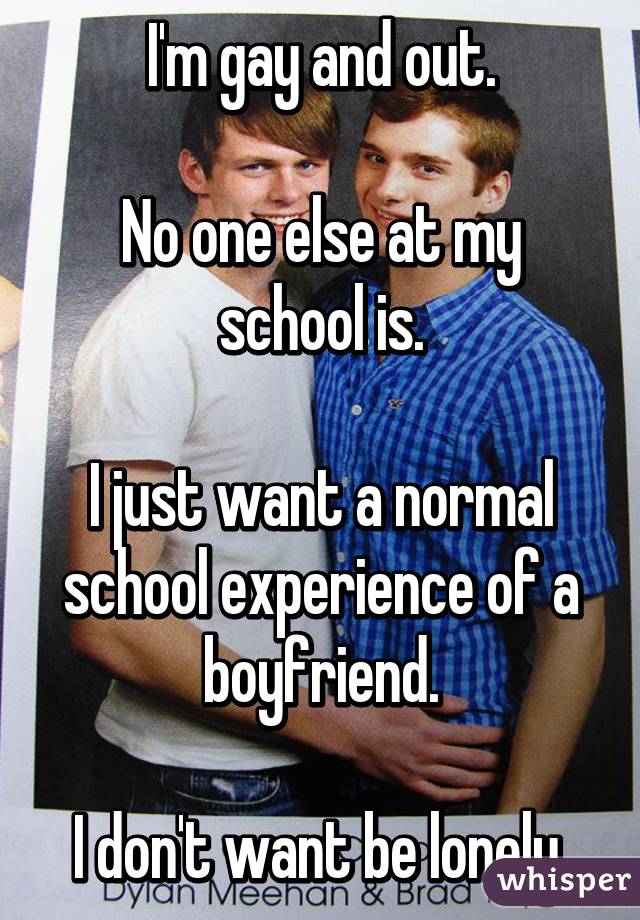 I'm gay and out.

No one else at my school is.

I just want a normal school experience of a boyfriend.

I don't want be lonely.