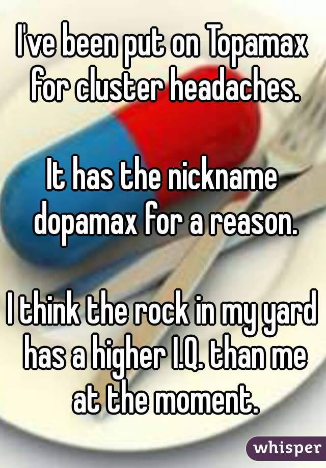 I've been put on Topamax for cluster headaches.

It has the nickname dopamax for a reason.

I think the rock in my yard has a higher I.Q. than me at the moment.