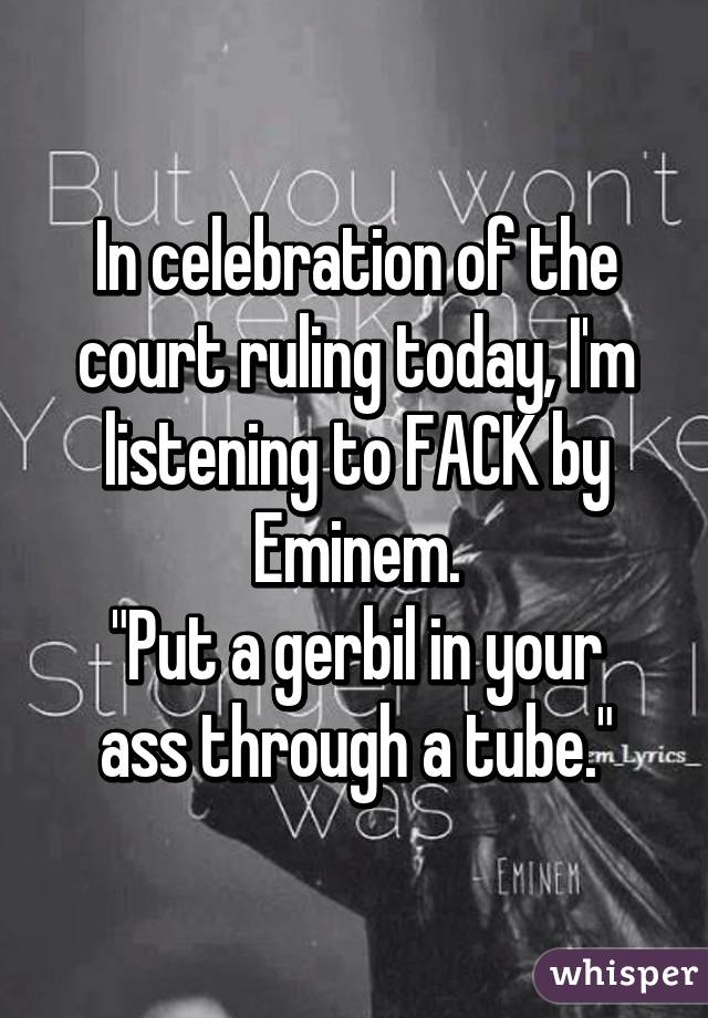 In celebration of the court ruling today, I'm listening to FACK by Eminem.
"Put a gerbil in your ass through a tube."