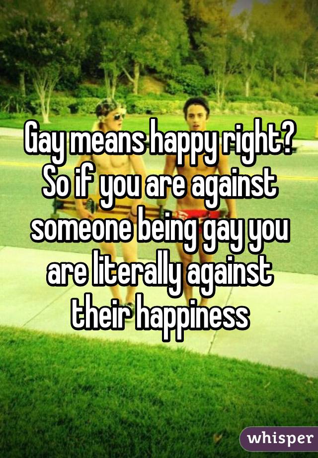 Gay means happy right? So if you are against someone being gay you are literally against their happiness