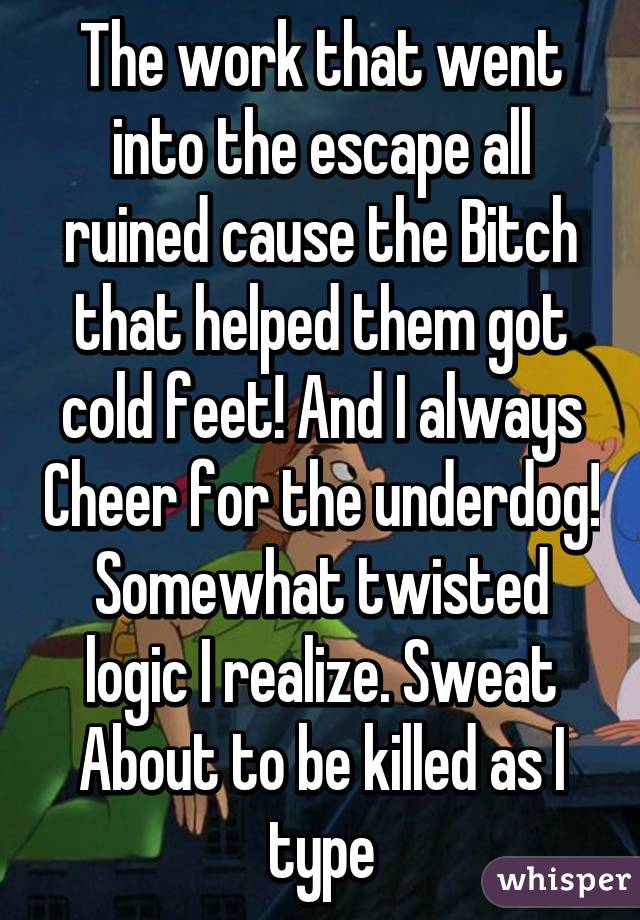 The work that went into the escape all ruined cause the Bitch that helped them got cold feet! And I always Cheer for the underdog! Somewhat twisted logic I realize. Sweat About to be killed as I type