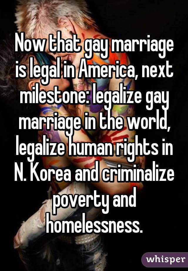 Now that gay marriage is legal in America, next milestone: legalize gay marriage in the world, legalize human rights in N. Korea and criminalize poverty and homelessness.