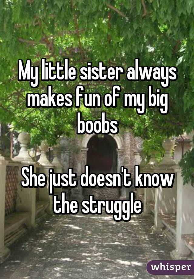 My little sister always makes fun of my big boobs

She just doesn't know the struggle