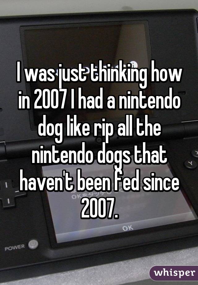 I was just thinking how in 2007 I had a nintendo dog like rip all the nintendo dogs that haven't been fed since 2007.