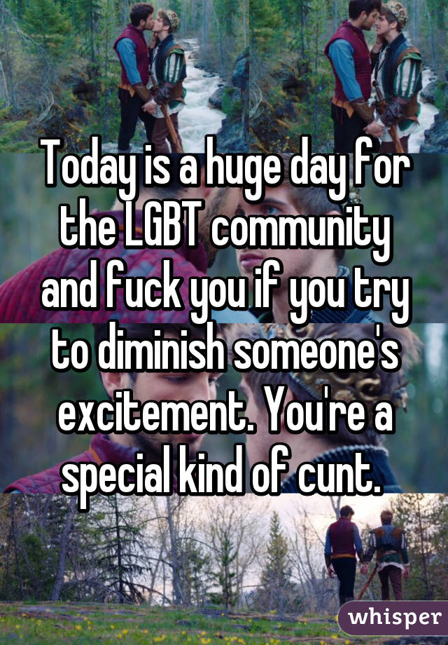 Today is a huge day for the LGBT community and fuck you if you try to diminish someone's excitement. You're a special kind of cunt. 