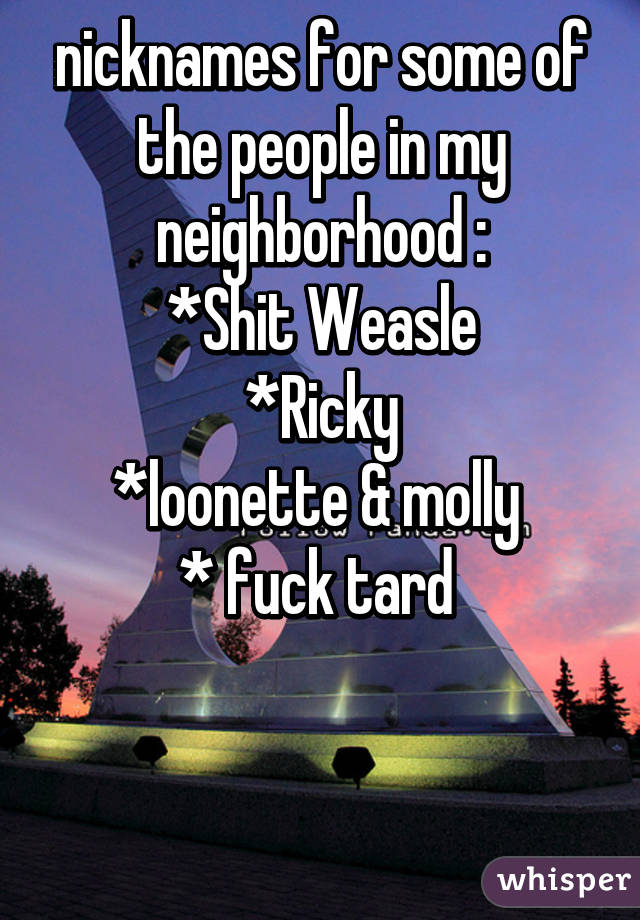 nicknames for some of the people in my neighborhood :
*Shit Weasle
*Ricky
*loonette & molly 
* fuck tard 


