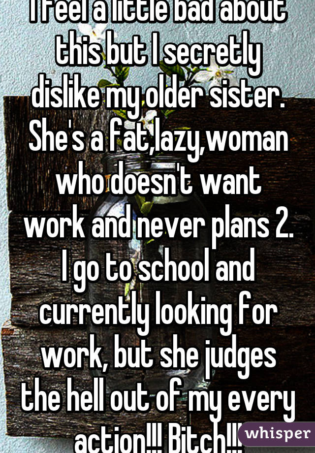 I feel a little bad about this but I secretly dislike my older sister. She's a fat,lazy,woman who doesn't want work and never plans 2. I go to school and currently looking for work, but she judges the hell out of my every action!!! Bitch!!!