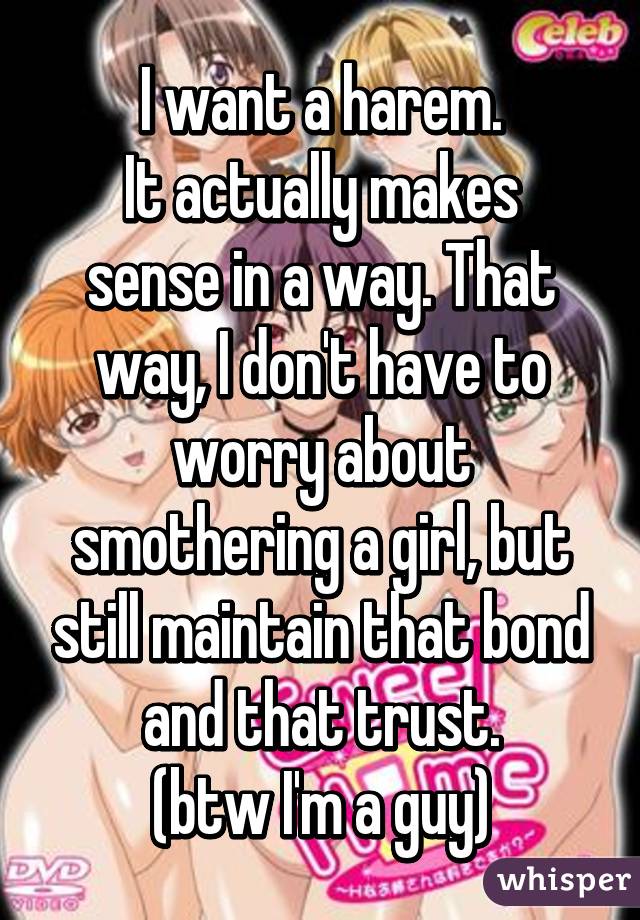 I want a harem.
It actually makes sense in a way. That way, I don't have to worry about smothering a girl, but still maintain that bond and that trust.
(btw I'm a guy)