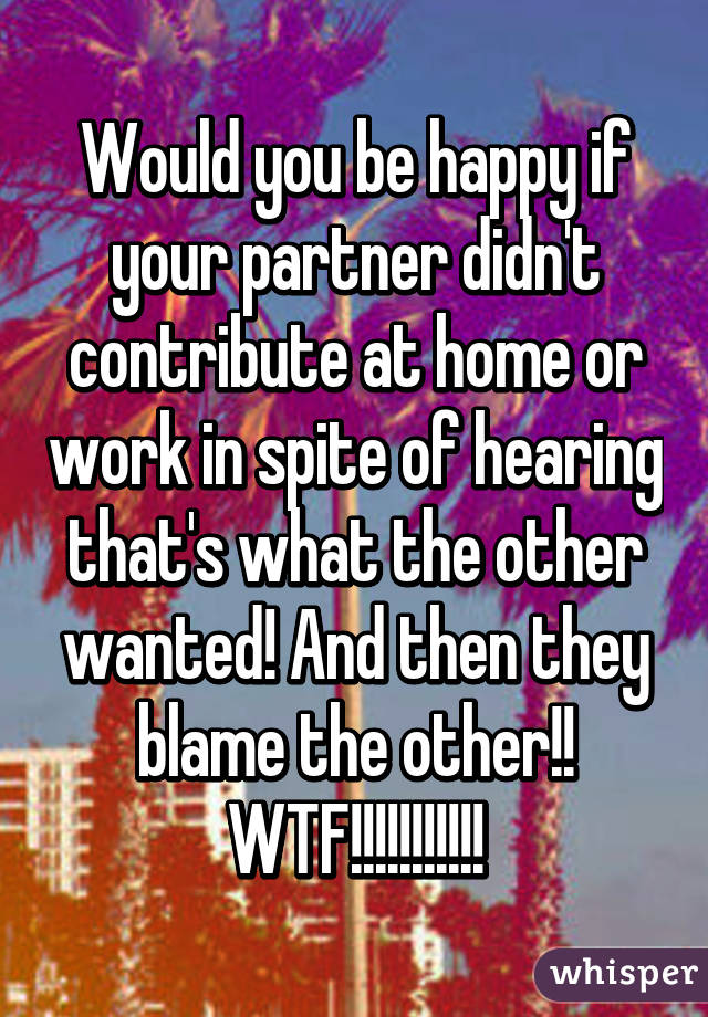 Would you be happy if your partner didn't contribute at home or work in spite of hearing that's what the other wanted! And then they blame the other!! WTF!!!!!!!!!!!
