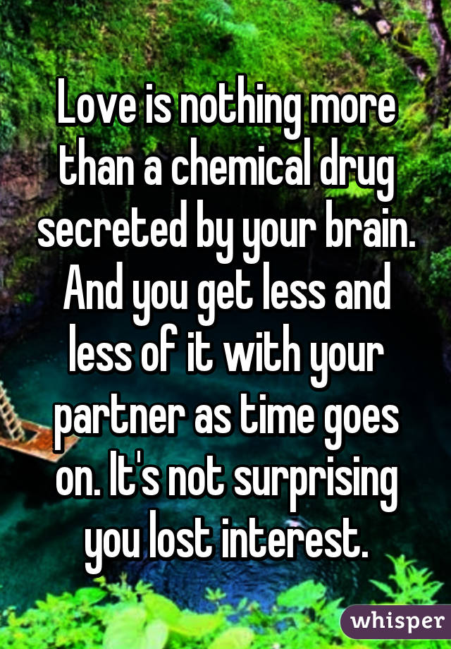 Love is nothing more than a chemical drug secreted by your brain. And you get less and less of it with your partner as time goes on. It's not surprising you lost interest.
