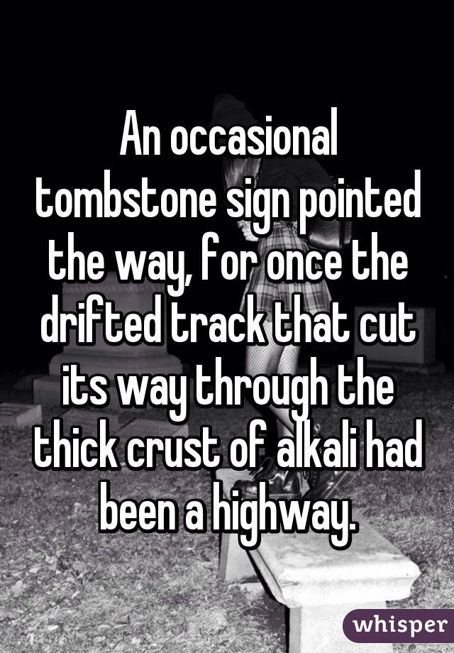 An occasional tombstone sign pointed the way, for once the drifted track that cut its way through the thick crust of alkali had been a highway.