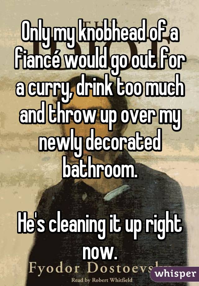 Only my knobhead of a fiancé would go out for a curry, drink too much and throw up over my newly decorated bathroom.

He's cleaning it up right now.