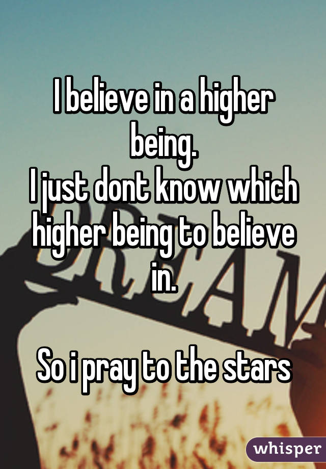 I believe in a higher being.
I just dont know which higher being to believe in.

So i pray to the stars