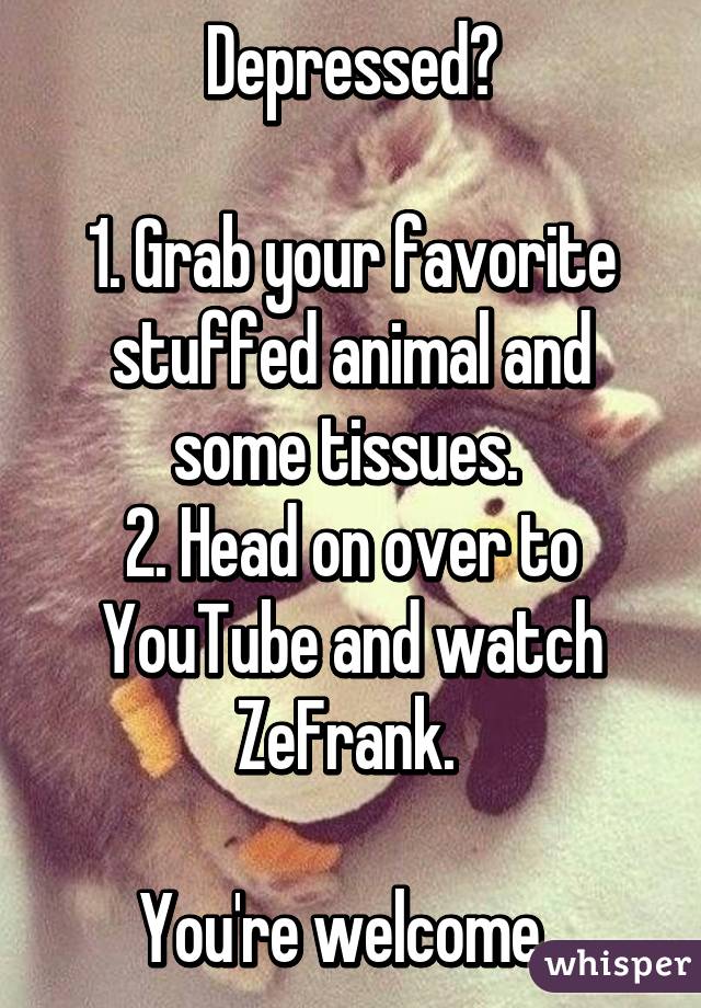 Depressed?

1. Grab your favorite stuffed animal and some tissues. 
2. Head on over to YouTube and watch ZeFrank. 

You're welcome. 