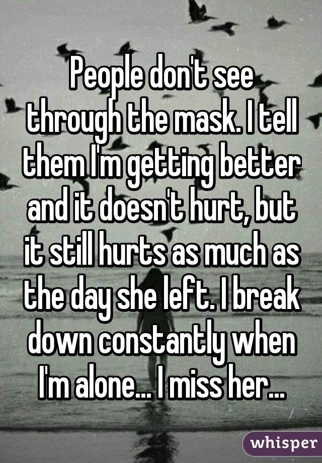 People don't see through the mask. I tell them I'm getting better and it doesn't hurt, but it still hurts as much as the day she left. I break down constantly when I'm alone... I miss her...