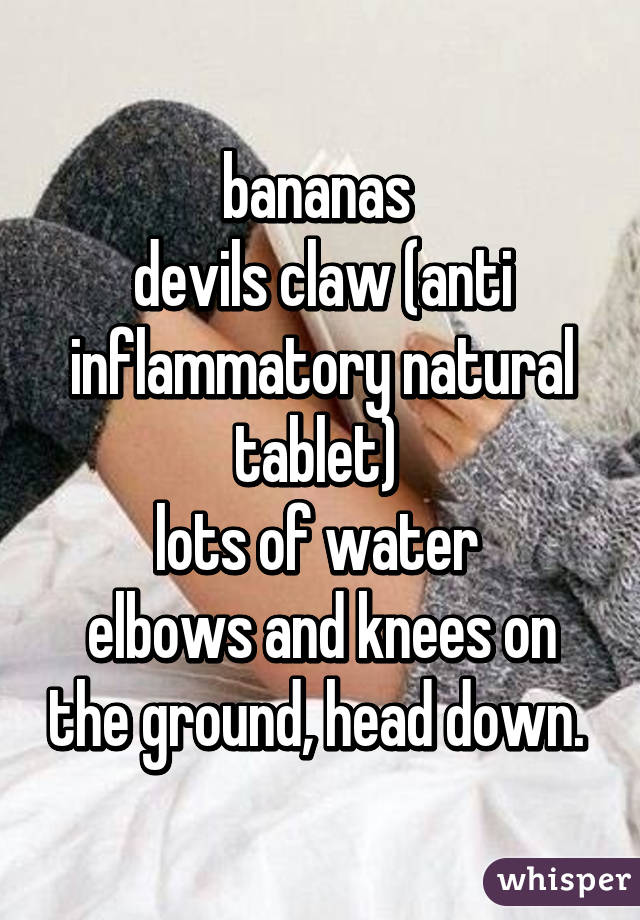 bananas 
devils claw (anti inflammatory natural tablet) 
lots of water 
elbows and knees on the ground, head down. 