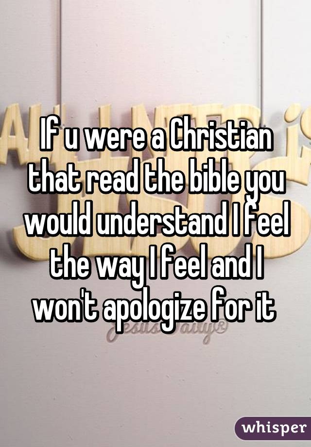 If u were a Christian that read the bible you would understand I feel the way I feel and I won't apologize for it 