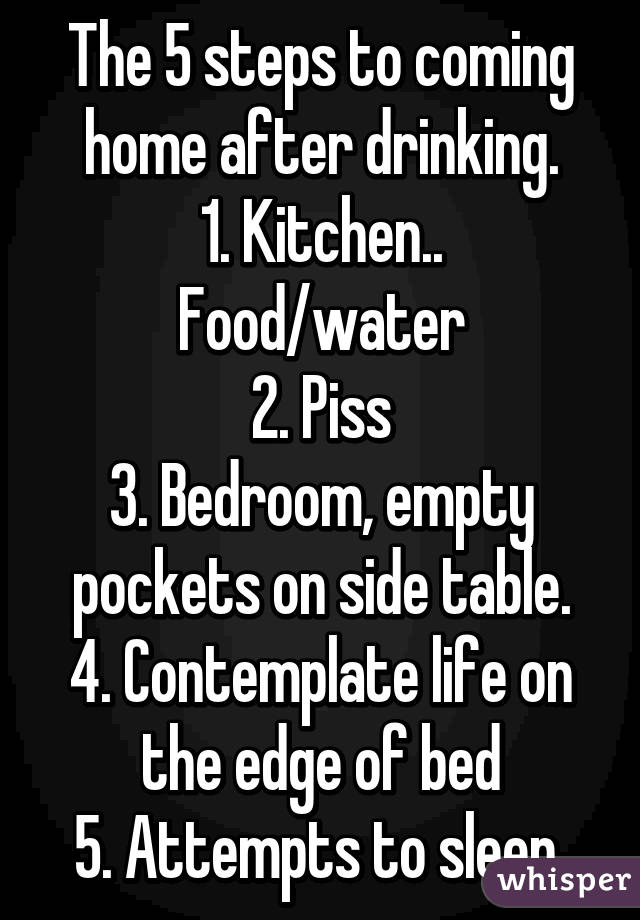 The 5 steps to coming home after drinking.
1. Kitchen.. Food/water
2. Piss
3. Bedroom, empty pockets on side table.
4. Contemplate life on the edge of bed
5. Attempts to sleep 