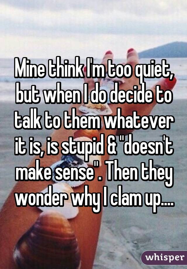 Mine think I'm too quiet, but when I do decide to talk to them whatever it is, is stupid & "doesn't make sense". Then they wonder why I clam up....