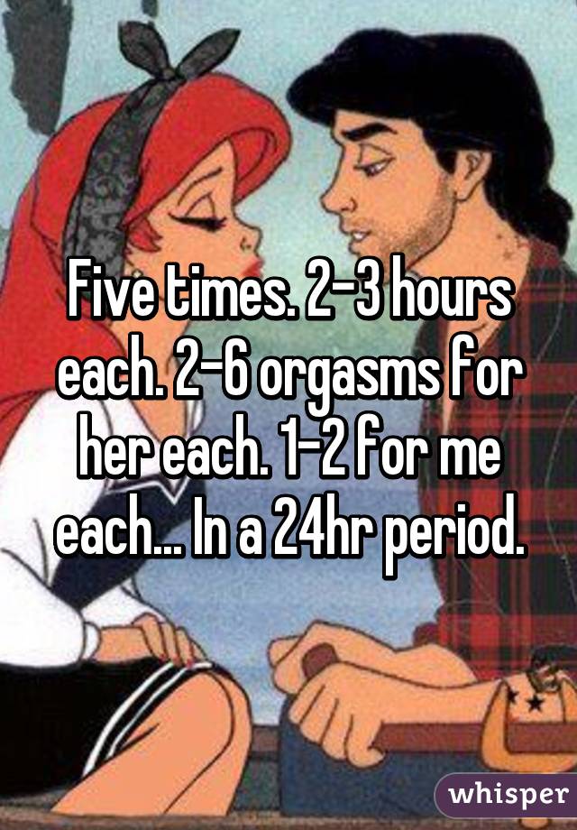 Five times. 2-3 hours each. 2-6 orgasms for her each. 1-2 for me each... In a 24hr period.