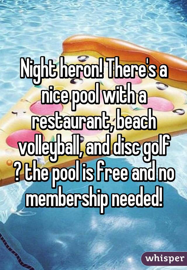 Night heron! There's a nice pool with a restaurant, beach volleyball, and disc golf 😊 the pool is free and no membership needed!