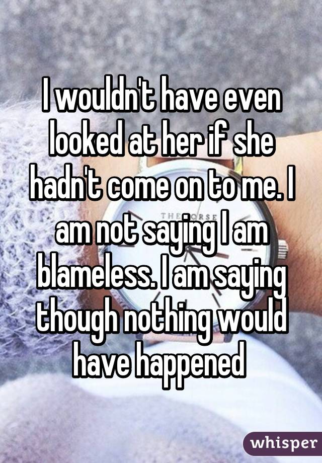 I wouldn't have even looked at her if she hadn't come on to me. I am not saying I am blameless. I am saying though nothing would have happened 