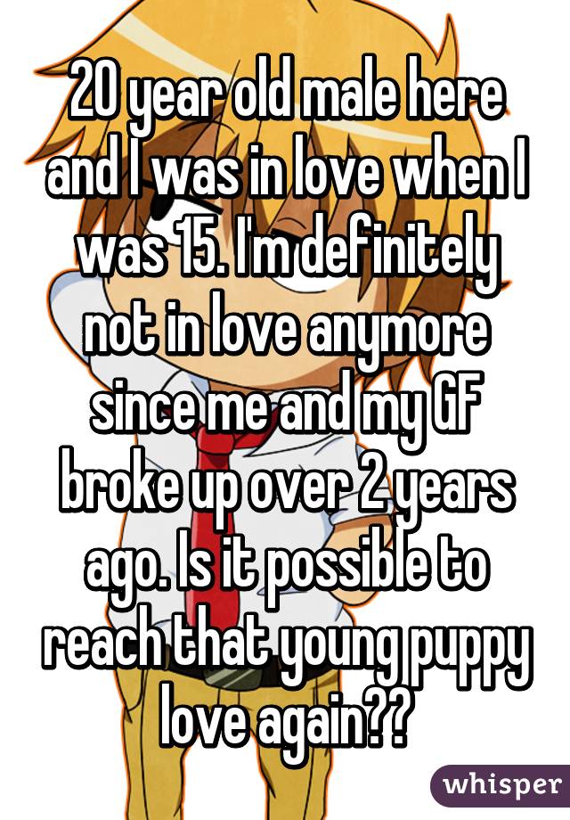 20 year old male here and I was in love when I was 15. I'm definitely not in love anymore since me and my GF broke up over 2 years ago. Is it possible to reach that young puppy love again??