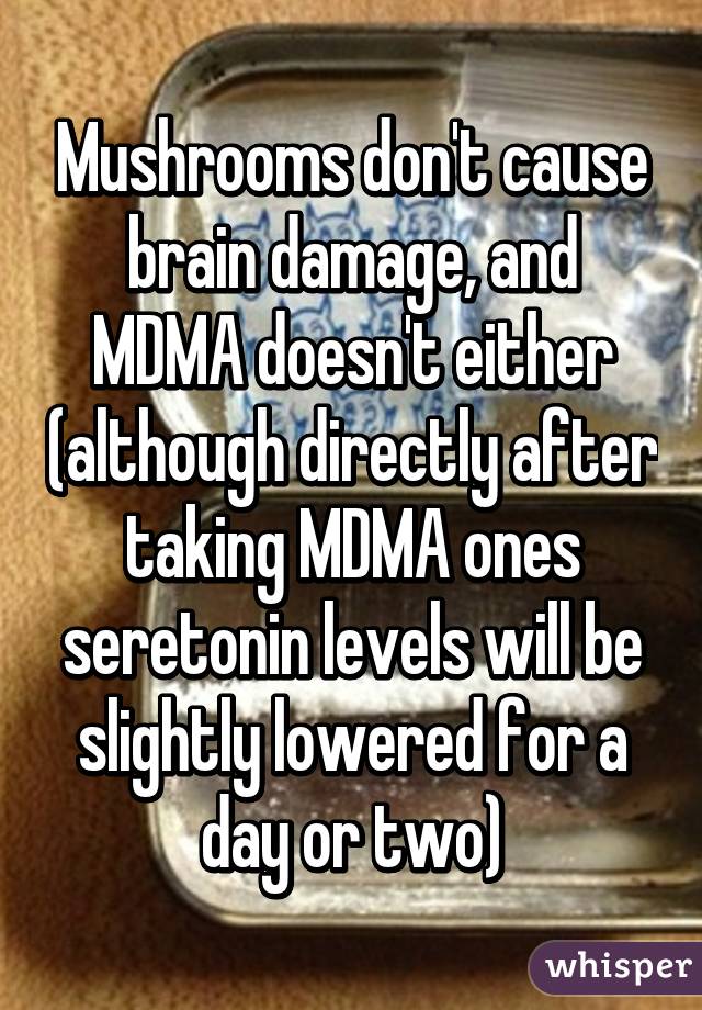 Mushrooms don't cause brain damage, and MDMA doesn't either (although directly after taking MDMA ones seretonin levels will be slightly lowered for a day or two)