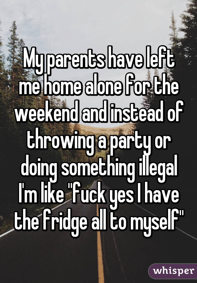 My parents have left me home alone for the weekend and instead of throwing a party or doing something illegal I'm like "fuck yes I have the fridge all to myself"